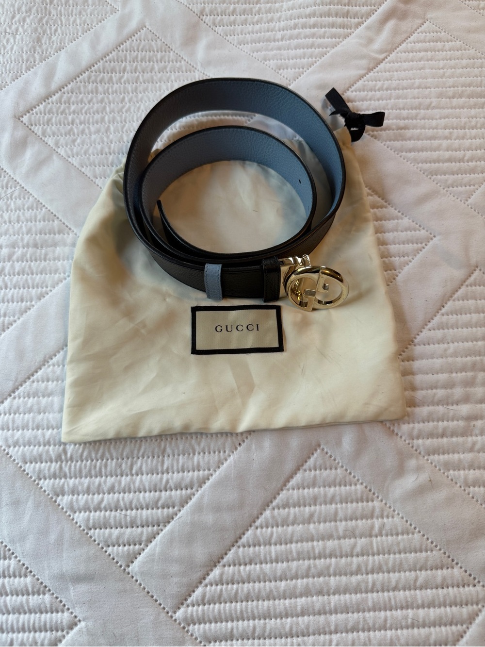 Gucci Reversible Black/Blue Leather Belt with Gold Double-G Buckle